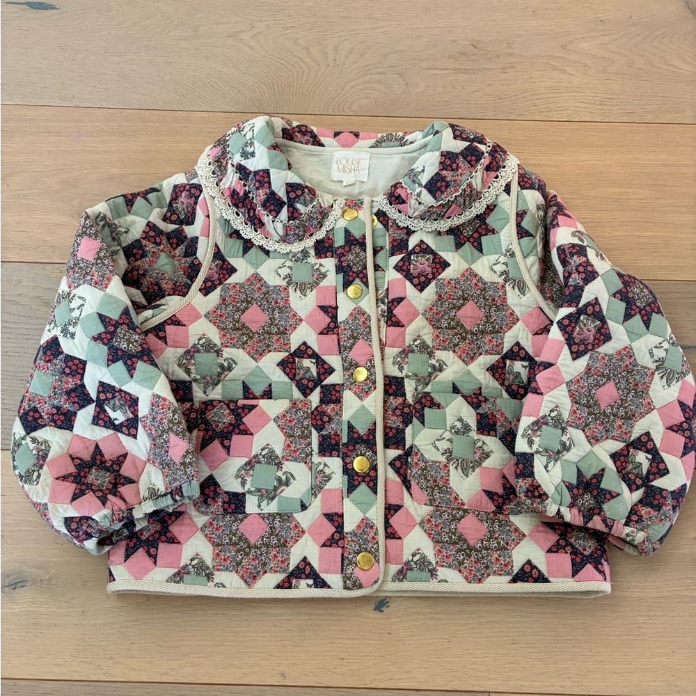 Kids Quilted Patchwork Jacket in Pink, Mint & Navy - Lace Collar